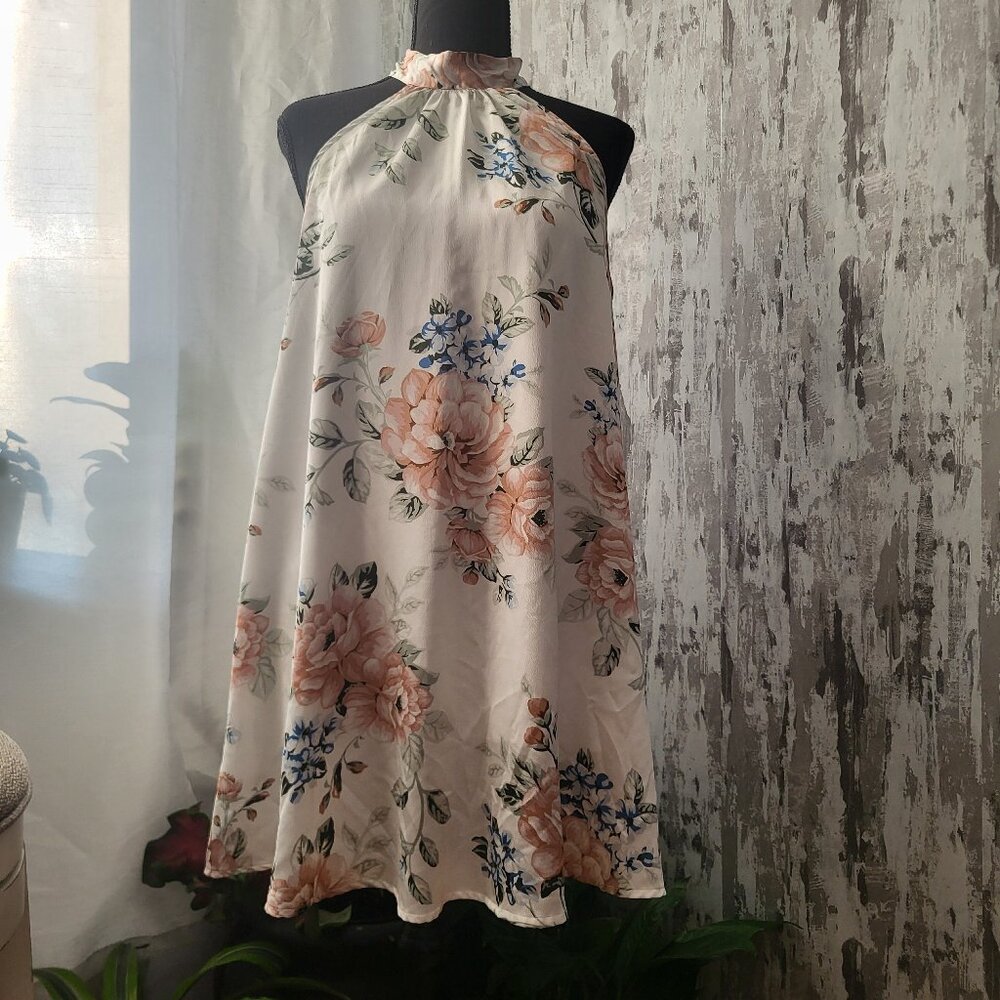 White Satin Mock Neck Mini Swing Dress - XS